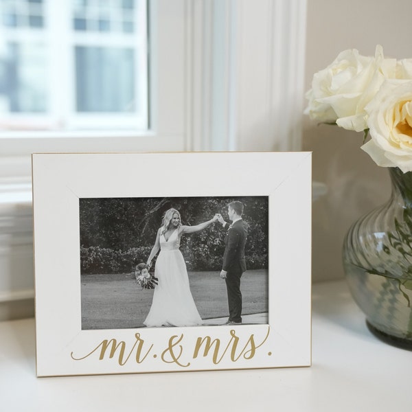 Mr and Mrs Wedding Picture Frame 5x7 in White and Gold, Bridal Shower Gift