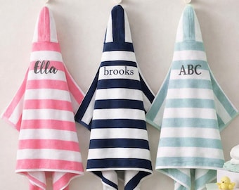 Personalized Kids Beach Towel - Hooded Custom Name Beach Towel for Kids | Monogram Pool Towel | Striped Cotton Hooded Bath Towel | Swim Gift