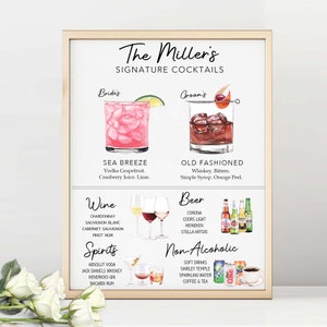 Menu de barre de mariage personnalisable, modèle modifiable de liste de cocktails, signe imprimable de boisson de signature, modèle de menu de barre