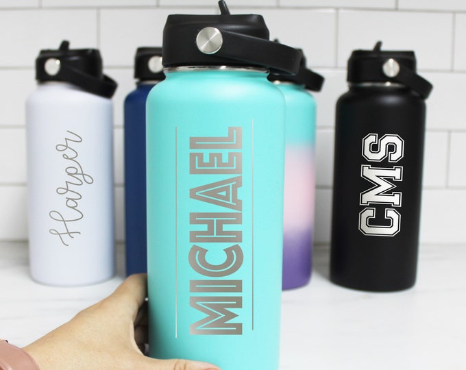 Personalized Sports Bottle, Custom Water Bottle with Straw Lid, Engraved Gym Water Bottle Flask