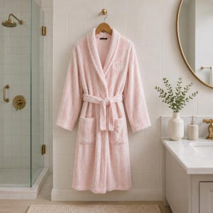 May include: A pink and white striped plush robe with a matching belt and pockets hangs on a wooden hanger. The robe has the initials "CSM" embroidered on the chest. The robe is displayed in a bathroom setting.