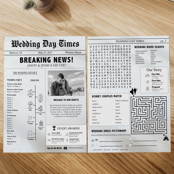 Customizable Wedding Newspaper, Kids Wedding Activity Editable Template, Bridal Newspaper Printout, Wedding Day Program, Kids Wedding Games