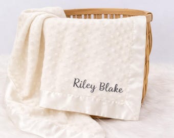 Personalized Minky Baby Blanket with Name- Satin Trim Newborn Gift, Embroidered Baby Name Shower Gift, Custom Dot Stroller Throw