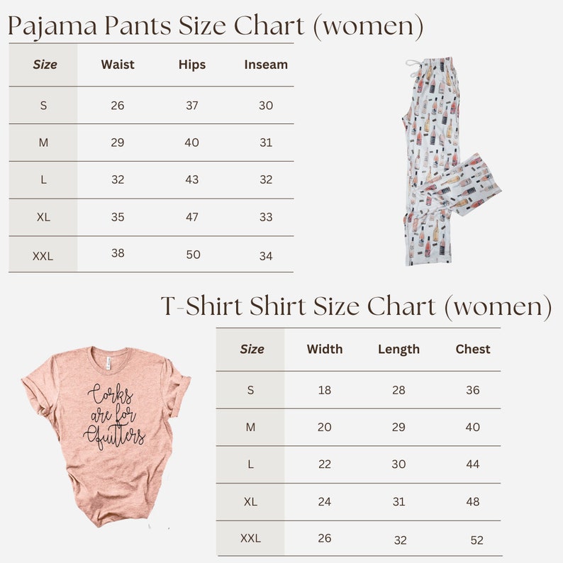May include: Size chart for pajama pants and t-shirts. The chart shows measurements for waist, hips, inseam, width, length, and chest in inches. The chart includes sizes S, M, L, XL, and XXL.