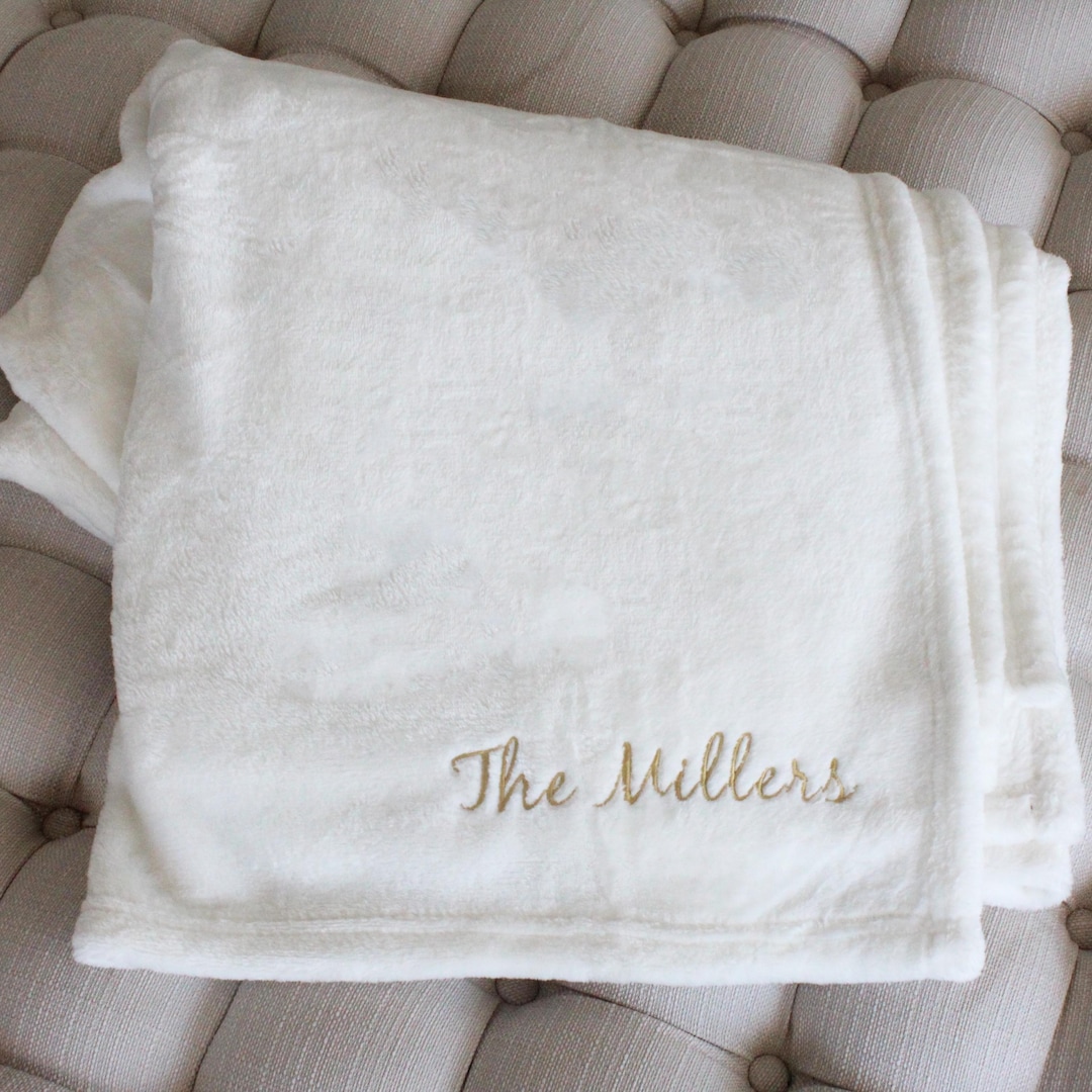 Personalized Fleece Throw Blanket: Monogrammed Name Gift, Couples Gift, Custom Stadium Blanket, Travel Throw - Ivory, Madison Script
