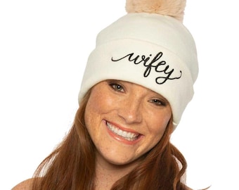 Wifey Hat, Wifey Pom Hat, Cute Beanie, Bride Hat, Bridal Shower Gift, Newlywed Gift, Just Married, Wifey for Lifey, Gift for Bride