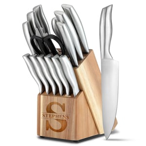 Styled Settings White Knife Set with Block and Sharpener Tool, 14 Piece Knife Set with Block, Stainless Steel Knives Set - Including Heavy Duty Butche