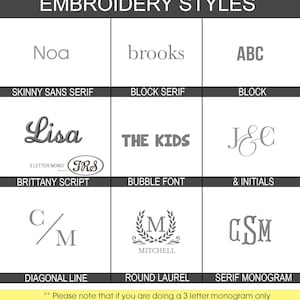 May include: A grid chart titled EMBROIDERY STYLES displaying nine font options: Skinny Sans Serif, Block Serif, Block, Brittany Script, Bubble Font, & Initials, Diagonal Line, Round Laurel, and Serif Monogram with explanatory text below.