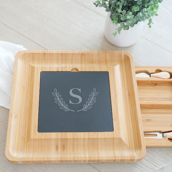 Personalized Cheese Set Charcuterie Board, Slate Custom Cheese Board with utensils, Housewarming, Hostess Gift, Gift for Her