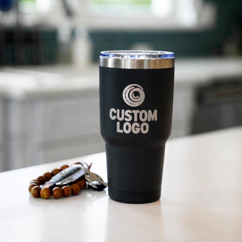 May include: A black insulated tumbler with a silver rim and a clear lid. The tumbler has the words "CUSTOM LOGO" printed in white. A wooden beaded bracelet and keys are next to the tumbler.