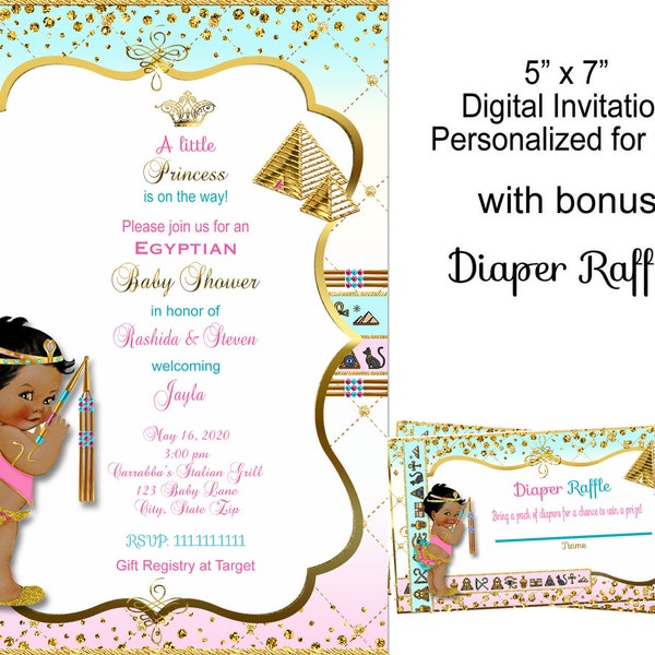 Egyptian Baby Shower invitation, Egyptian invitation, Cleopatra Queen of the Nile Egyptian Pink Turquoise Gold Headdress Flail | Baby Girl