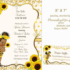 Sunflower Baby Shower Invitation, Yellow Floral printable invite, African American, sunflower birthday, vintage baby , baby girl invitation