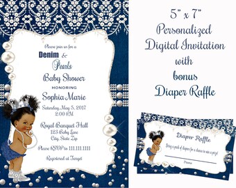 Denim and pearls baby shower invitation, denim baby shower, Denim and pearls birthday Invitation, birthday,   pearls, african american