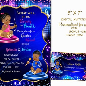 Beauty or Beats Gender Reveal Invitation: Royal Blue & Gold (Digital)