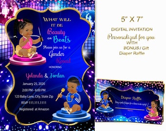 Puede incluir: Una invitación a una revelación de género azul y rosa con un tema de bola de discoteca. La invitación presenta a una niña de dibujos animados con un micrófono y a un niño de dibujos animados con auriculares. El texto de la invitación dice: "What will it be? Beauty or Beats? Please join us for a Gender Reveal Honoring Yolanda & Jordan January 25, 2020 2:00 PM - 6:00 PM 123 Baby Lane, City, State Zip RSVP 111.111.1111 Registered at Amazon".