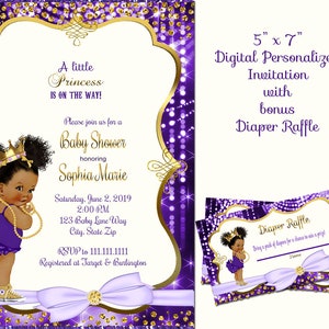 Princess baby shower invitation, Purple and gold baby shower invitation, Lavender and gold baby shower invitation, african american, digital