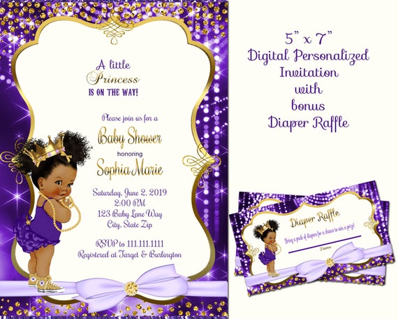 princess baby shower invitation, purple and gold baby shower invitation,  lavender and gold baby shower invitation, african american, digital