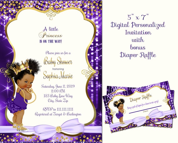 princess baby shower invitation, purple and gold baby shower invitation,  lavender and gold baby shower invitation, african american, digital