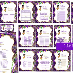 Mardi gras Baby shower games, Baby Gras baby shower games, Baby shower games, Baby Gras shower, african american, baby girl,  purple