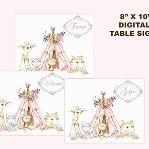 Girl woodland baby shower baby girl shower table signs, boho baby shower signs, welcome sign,  baby shower signs poster tent teepee