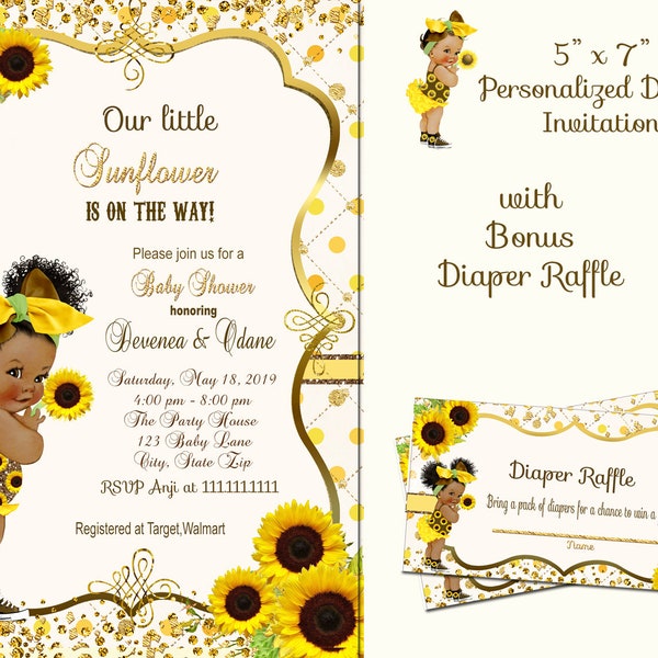 Sunflower Shower Invitation, Girl Baby Shower, Vintage baby girl, Baby Shower Invitation, sunflower shower, Yellow, african american