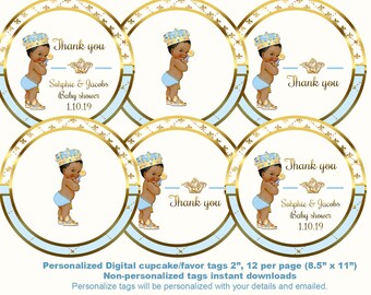 Prince Baby Shower Cupcake Toppers: Blue & Gold Crown (Digital Download)