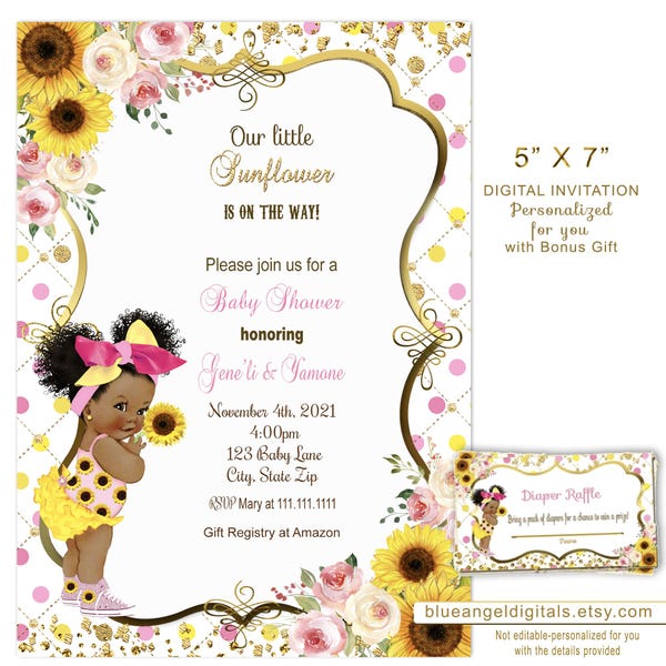 Sunflower Baby Shower Invitation: Pink & Yellow Floral, Vintage Girl (Digital Download)