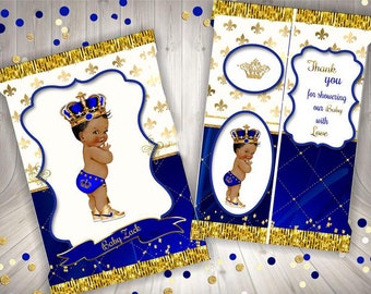 Personalized Royal Prince baby shower chip bag, Little Prince, Royal Blue & Gold, African American, Baby Boy Royal Baby shower