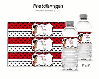 African American Ladybug Baby Shower Water Bottle Wrappers (Digital Download)