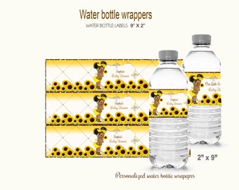 Personalized Sunflower Baby Shower Water Bottle Wrappers (Digital Download, PDF File)