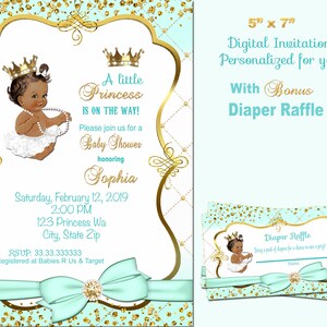 Princess Baby Shower invitation Vintage baby girl Royal Baby shower invitation mint green turquoise  thank you sprinkle African American