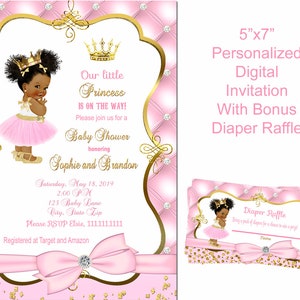 Princess Baby Shower invitation Vintage baby girl, tufted,  Royal Baby shower tickled pink thank you sprinkle pink sneakers African American
