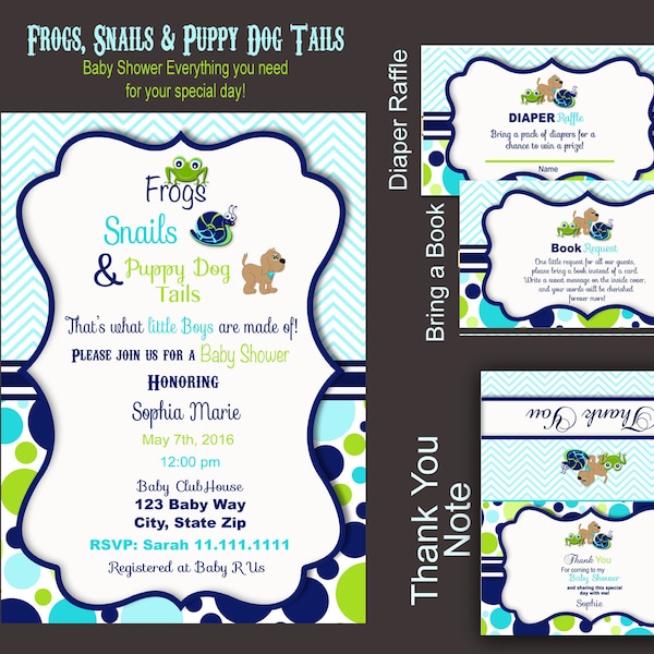 Boy Baby Shower Invitation Frogs Snails Puppy Dog Tails, Chevron, Diaper Raffle, Bring a book,  thank you note, Baby Shower Invite  digital