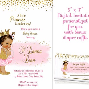 Princess Ballerina Pink Tutu Gold Crown baby shower  Invitation , pink, gold, pearls ballerina baby shower invitation