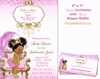 Princess baby shower invitation, Baby girl baby shower invitations, pink and gold, African American
