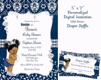 Denim Diamonds Baby girl, Denim and Diamonds baby shower invitation, Denim and pearls baby shower invitation