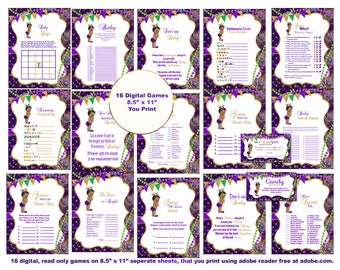 Puede incluir: Un conjunto de 16 juegos de baby shower imprimibles con un esquema de color morado, dorado y verde con un diseño de corona y pluma de pavo real. Los juegos incluyen "Baby Bingo", "Adivina la comida para bebés", "No digas bebé", y más.