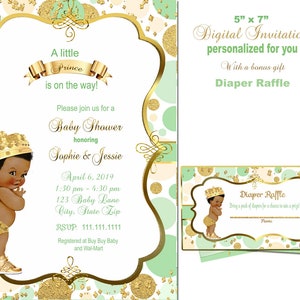 Mint Baby Shower invitation, prince baby shower  invitation, Royal Baby shower invitation, green gold, African American