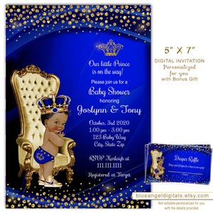 Royal Prince Baby Shower Invitation: Blue & Gold Diaper Raffle (Digital Download 5x7&quot;