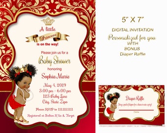 Princess Red and Gold invitation , African American, Princess  baby shower red and gold, royal baby shower, invitation. digital