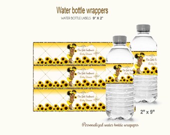 Sunflower water bottle wrapper, Sunflower baby shower, sunflower greenery, African American, Sunflower  baby girl, water bottle