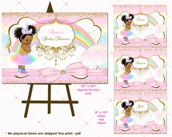 Unicorn baby shower, African American baby girl shower poster, welcome sign, baby shower table signs, Royal princess baby shower invitation