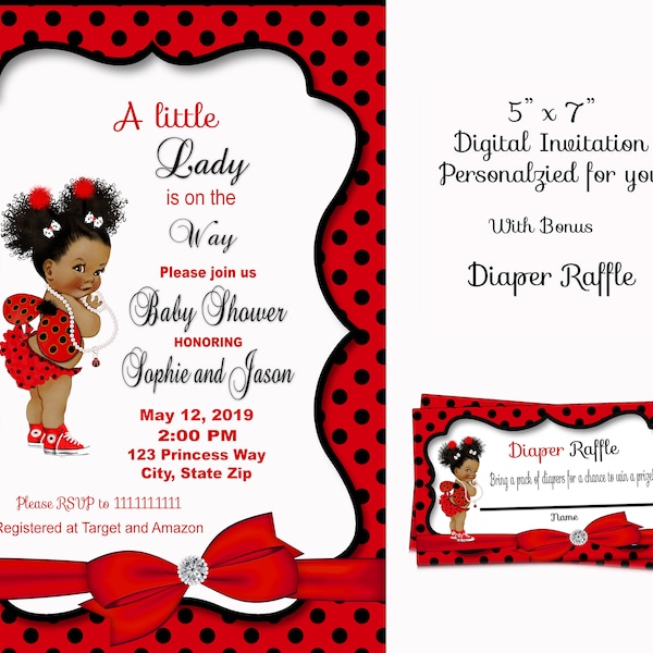 Ladybug African American Vintage Baby Girl Ruffle Pants Sneakers | Necklace,  Baby Shower Invitation Lady bug, ladybug invite digital