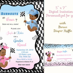 Burnouts or Bows Gender Reveal Invitation! Light Blue and Pink