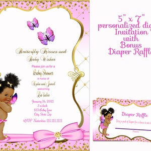 Butterfly baby shower invitation, Butterfly girl baby shower, Butterfly Kisses, Butterfly Kisses Baby shower Invitation,  African American