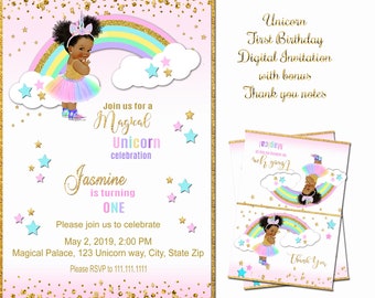 unicorn birthday invitation, African American baby girl first birthday,  Royal princess birthday invitation unicorn, rainbow