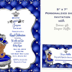 Prince baby shower invitation, Royal Baby shower, African American, boy baby shower invitation Royal prince invitation blue silver, digital