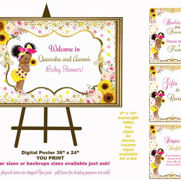 Sunflower Princess Baby Shower Welcome Sign: African American Design (Digital 36x24 Poster + Table Signs)