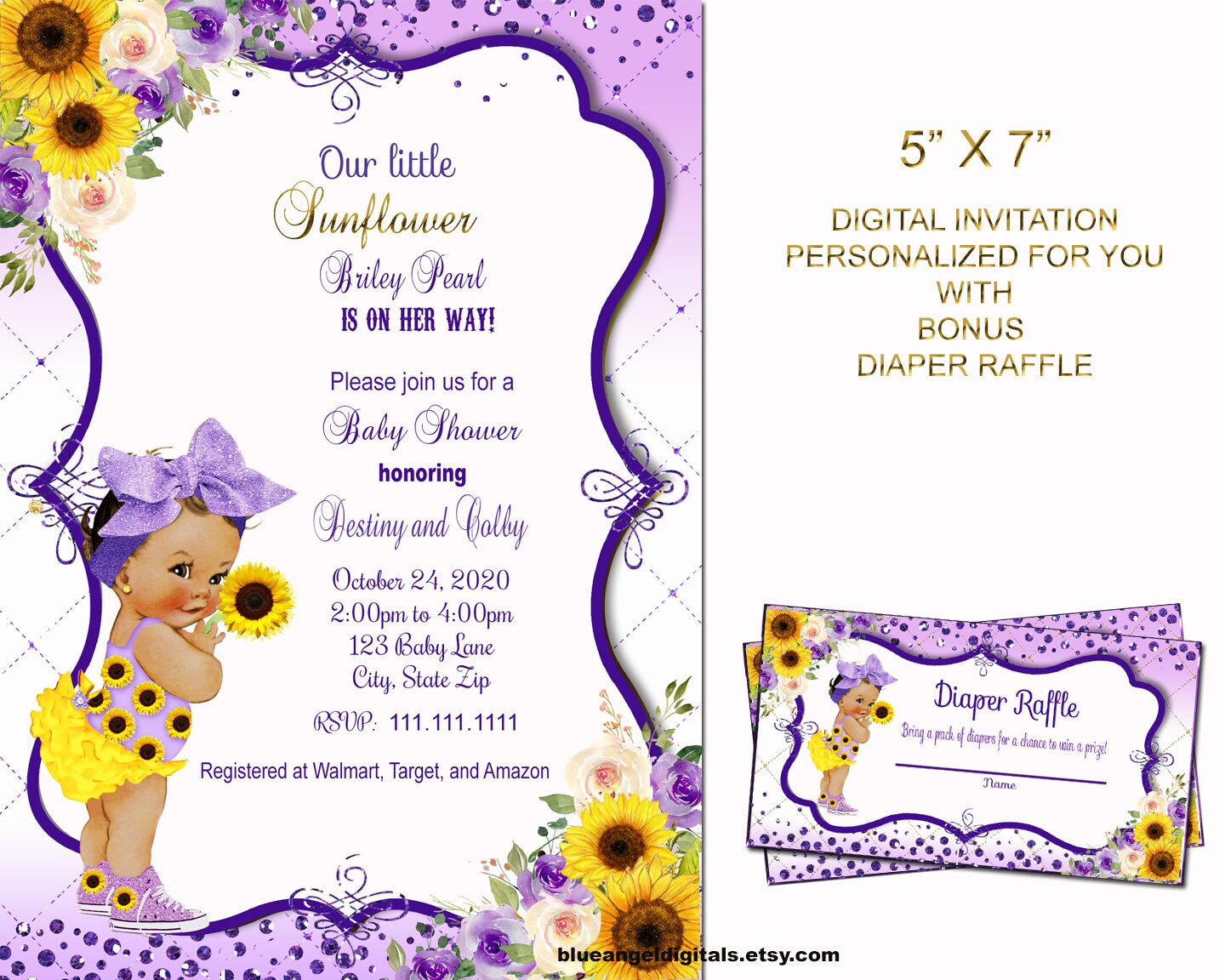 Sunflower Baby Shower Invitation purple Yellow Floral printable invite violet baby shower invitation sunflower birthday