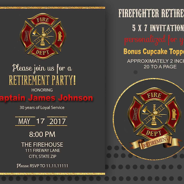 Firefighter retirement invitation, fireman retirement party, fireman promotion, firefighter birthday, fire fighter printable, digital